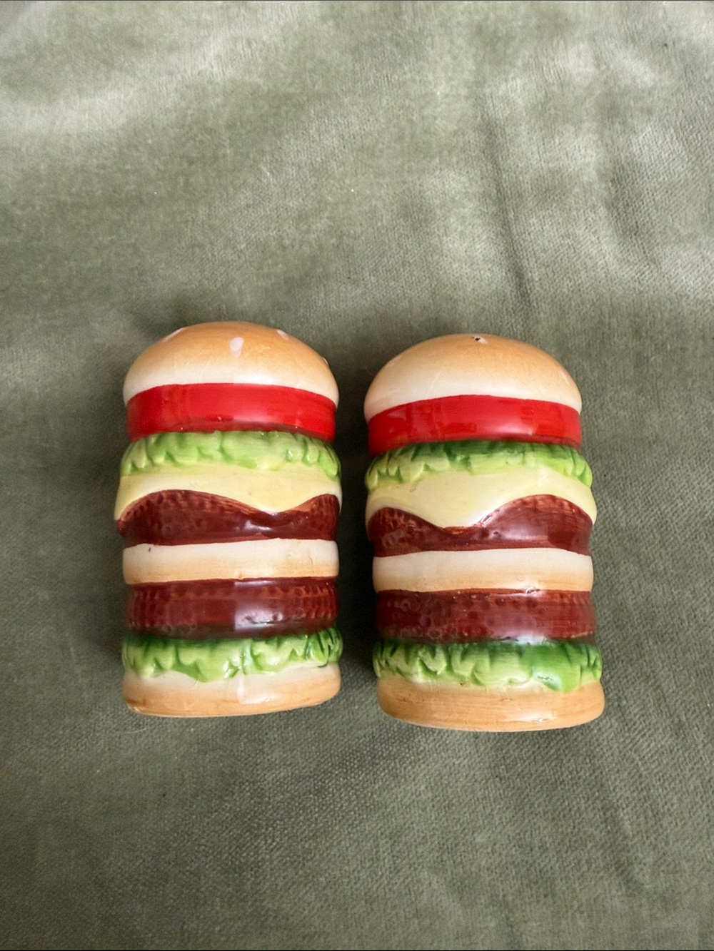 Novelty Hamburger Salt and Pepper Shakers - Green, Red, Brown #21